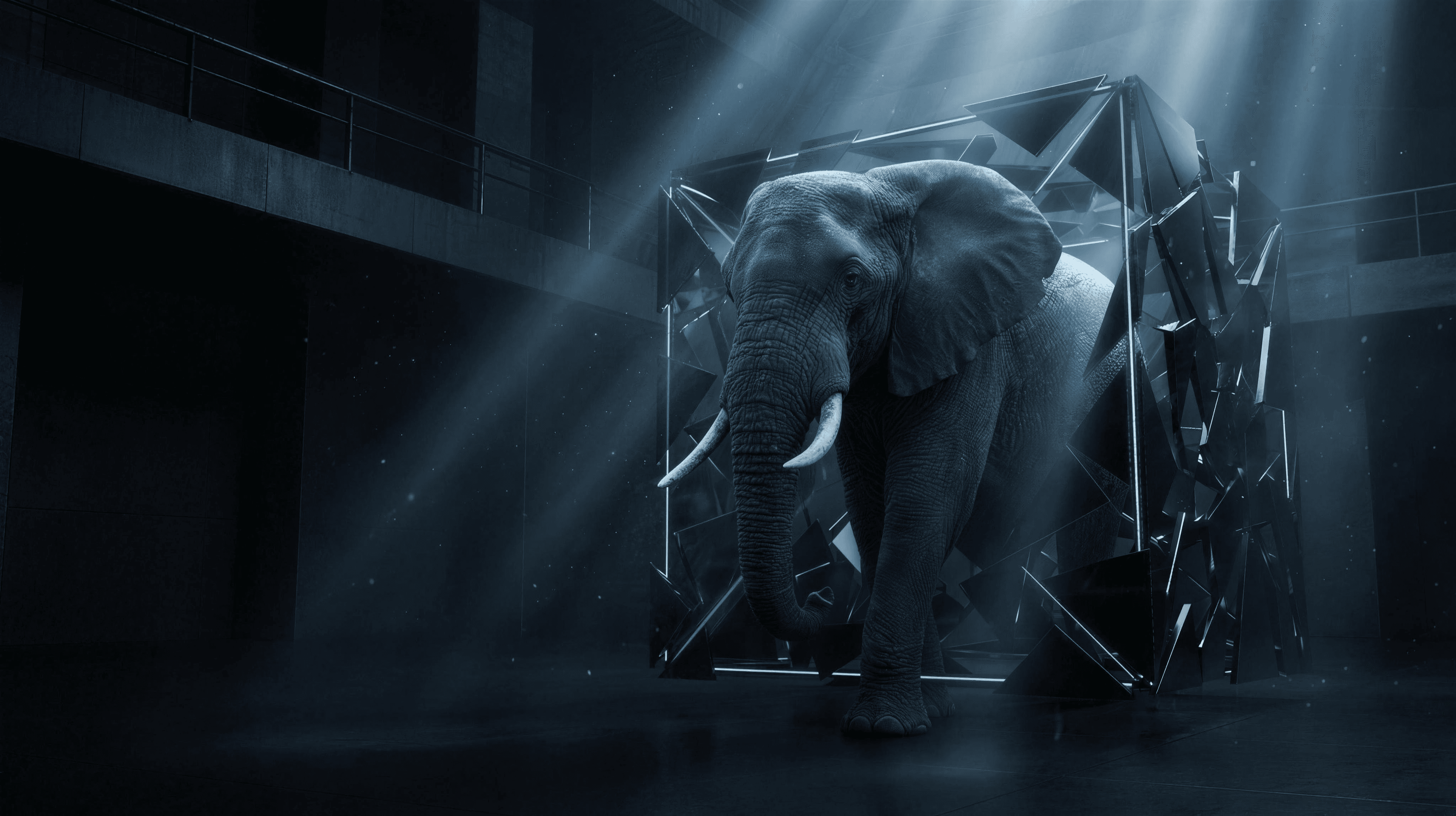 Elefante imponente emergindo de um cubo quebrado em ambiente futurista